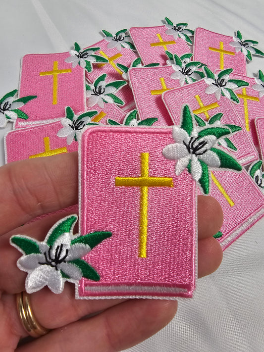 Pink Bible and Flower Embroidery Iron On Patch