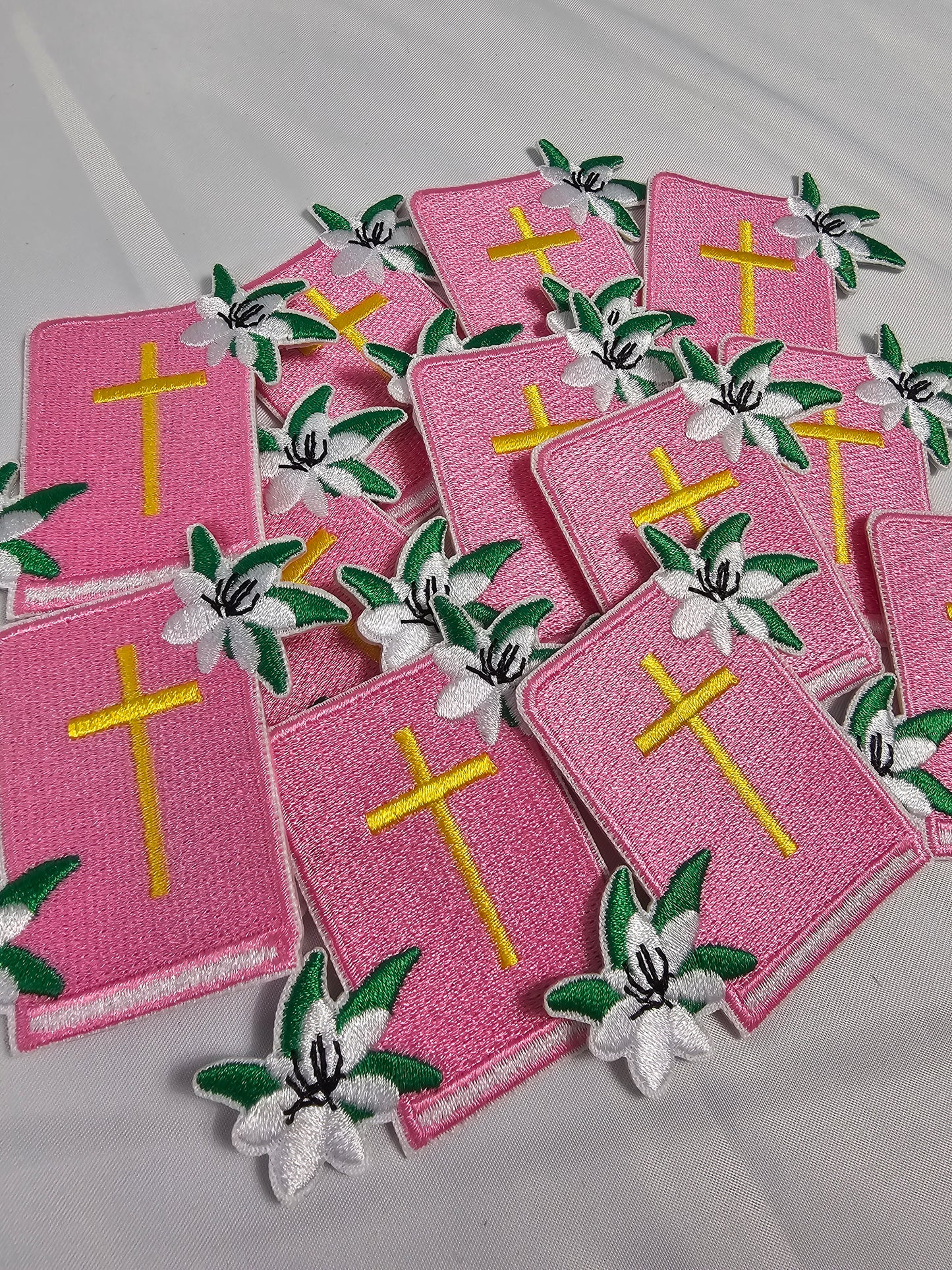 Pink Bible and Flower Embroidery Iron On Patch