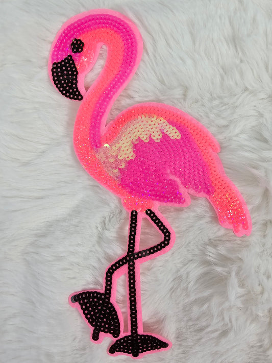 Sequin Pink Flamingo Iron On Patch