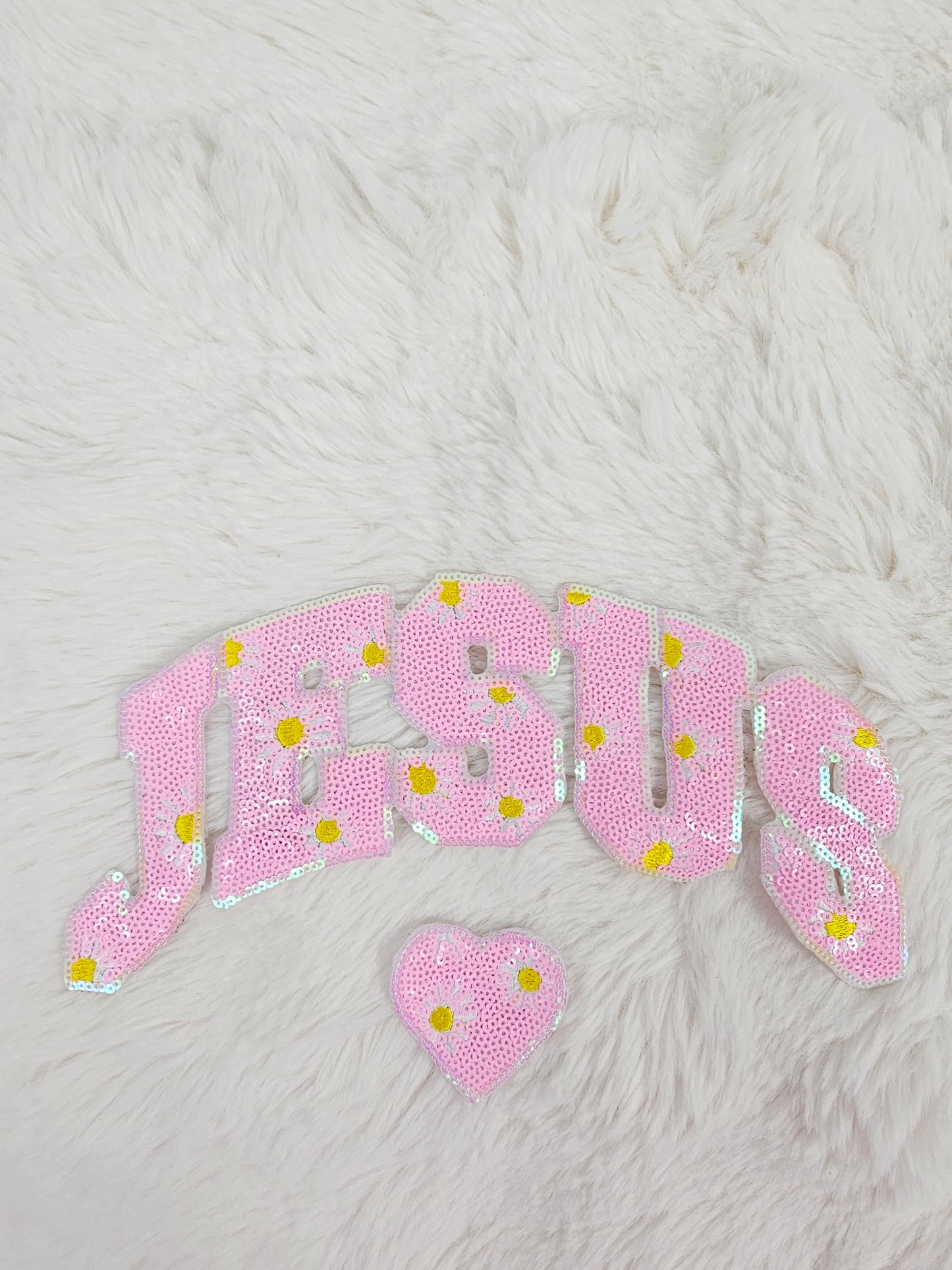 Pink Sequin JESUS with Daisy Flowers and Heart Iron-on Patch