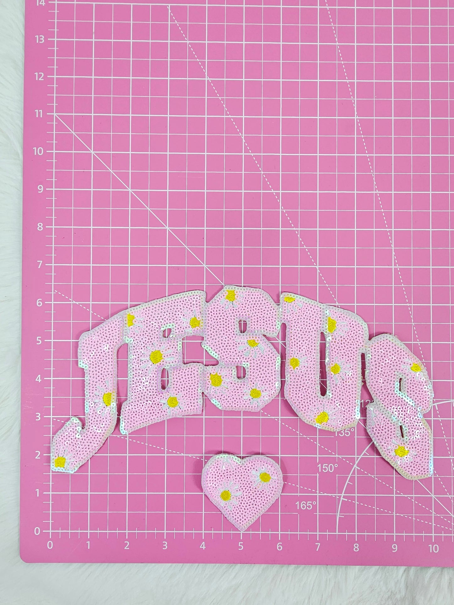 Pink Sequin JESUS with Daisy Flowers and Heart Iron-on Patch