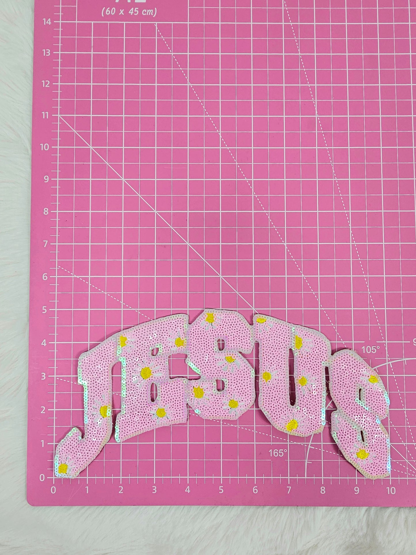 Pink Sequin JESUS with Daisy Flowers and Heart Iron-on Patch