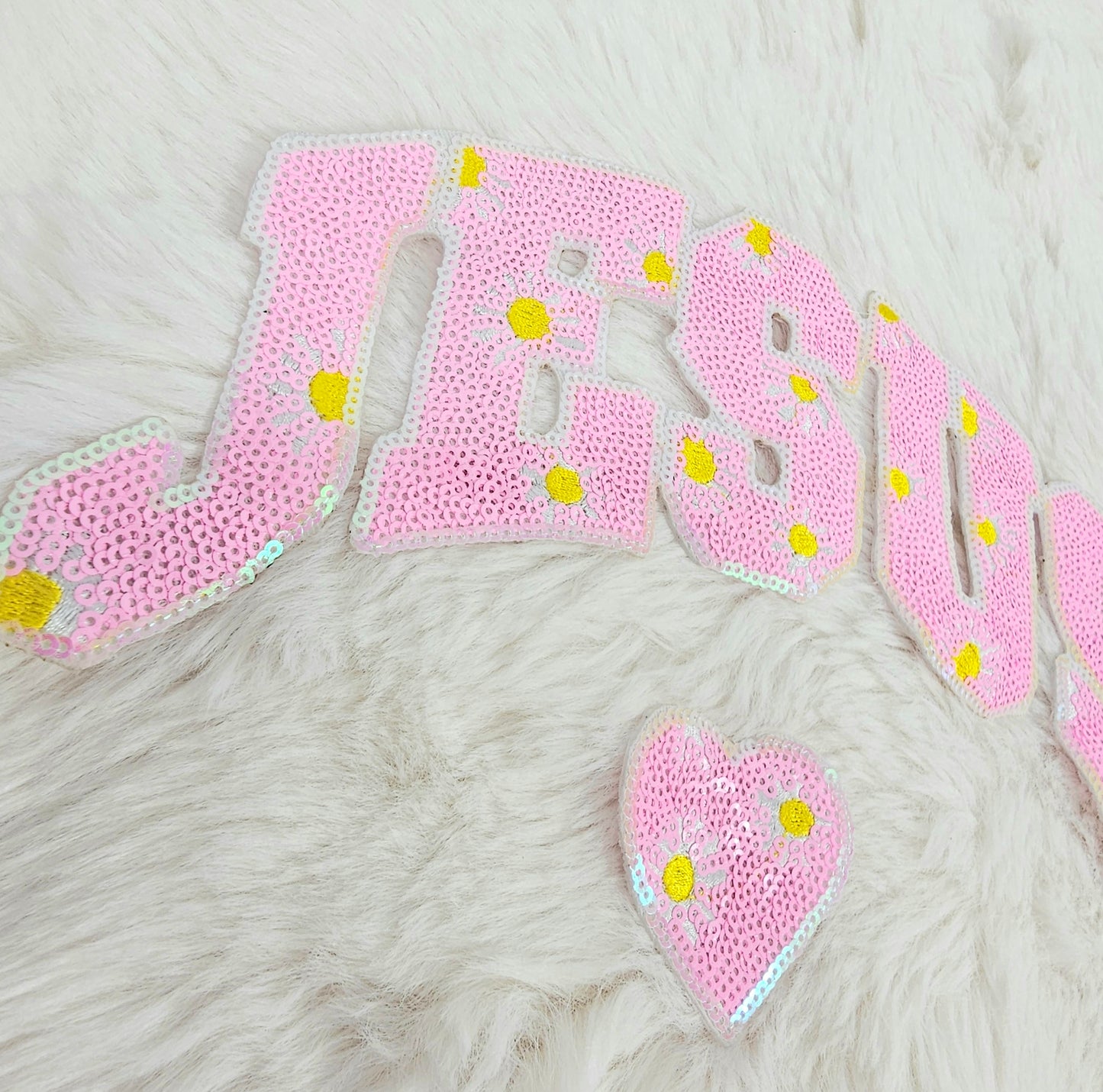 Pink Sequin JESUS with Daisy Flowers and Heart Iron-on Patch