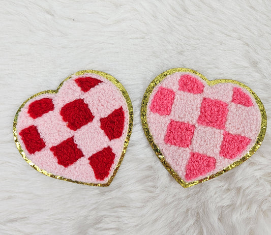 Checkered Heart Chenille Gold Glitter Iron On Patch