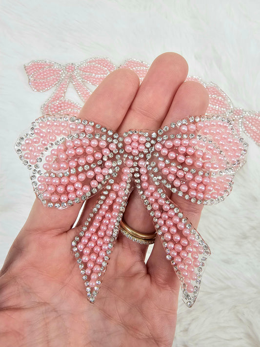 Rhinestone Bow with Silver Outline and Pink Pearl Iron-on Patch