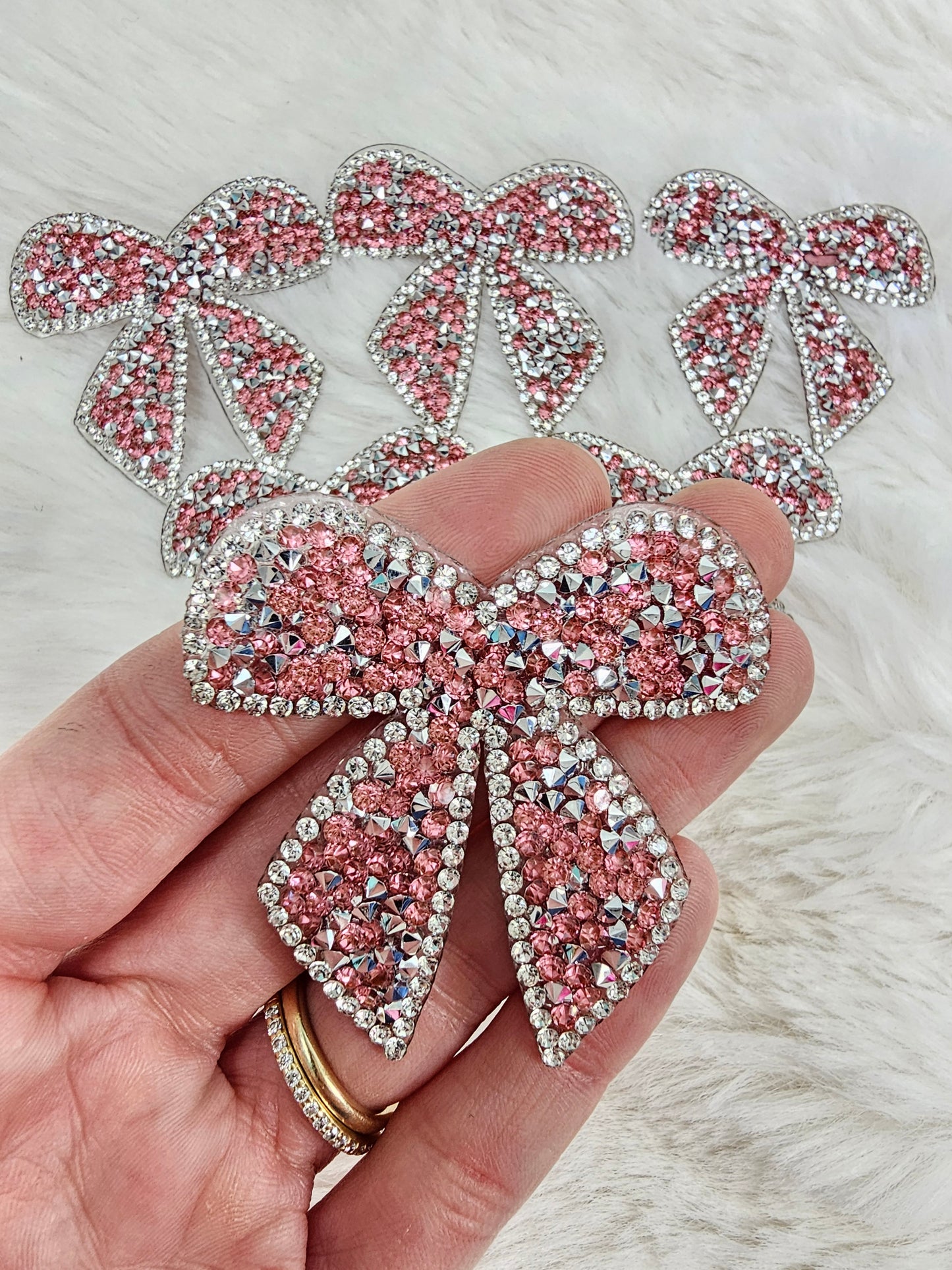 Small Bow with Silver Outline and Pink Rhinestone Iron-on Patch