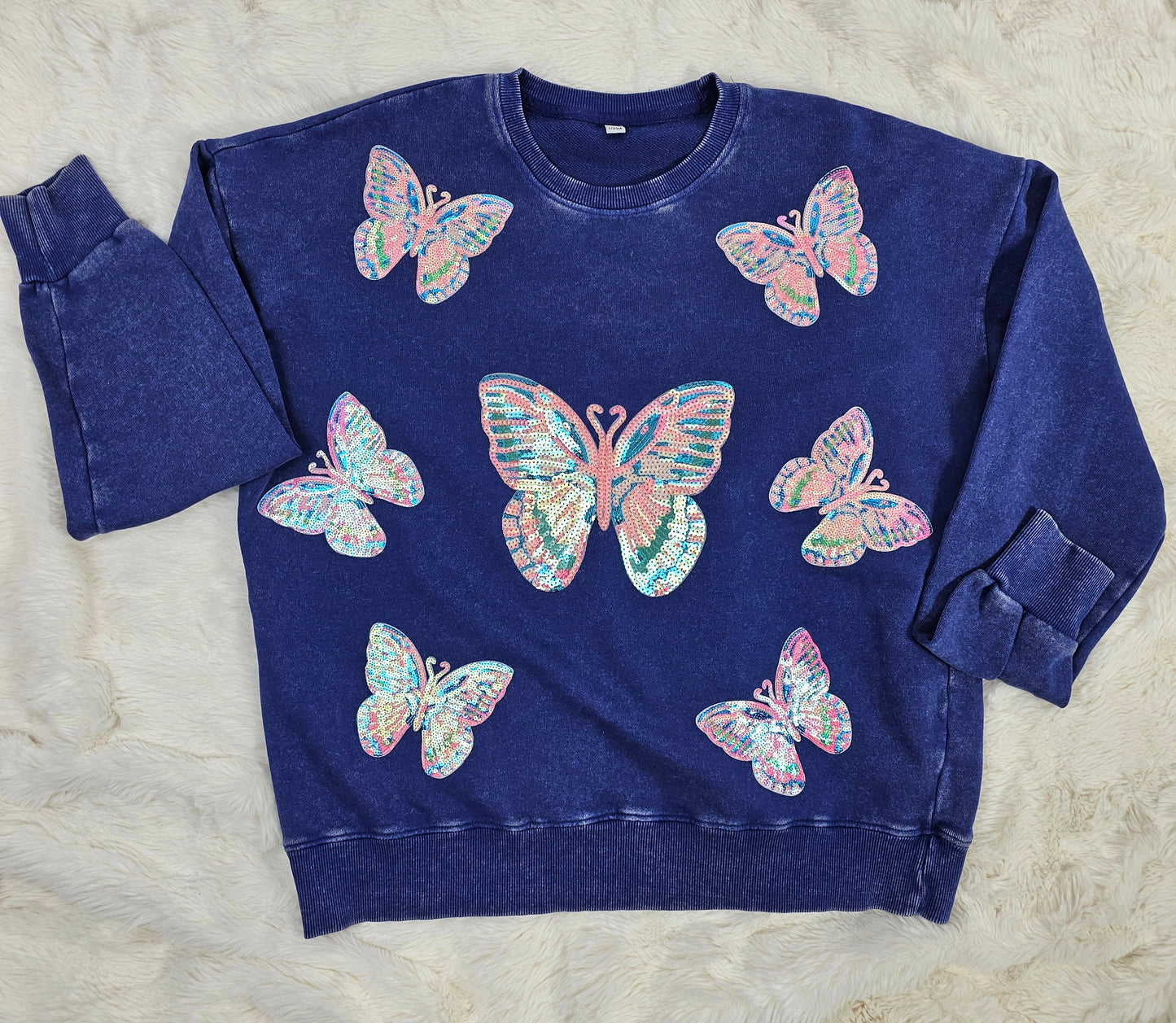 Butterfly Sequin Acid Wash Crew by Pretty Preppy Co.