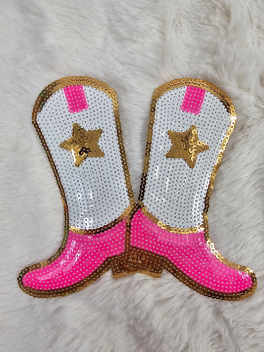 Pink White and Gold Star Sequin Pair of Cowgirl Boots Iron-on Patch