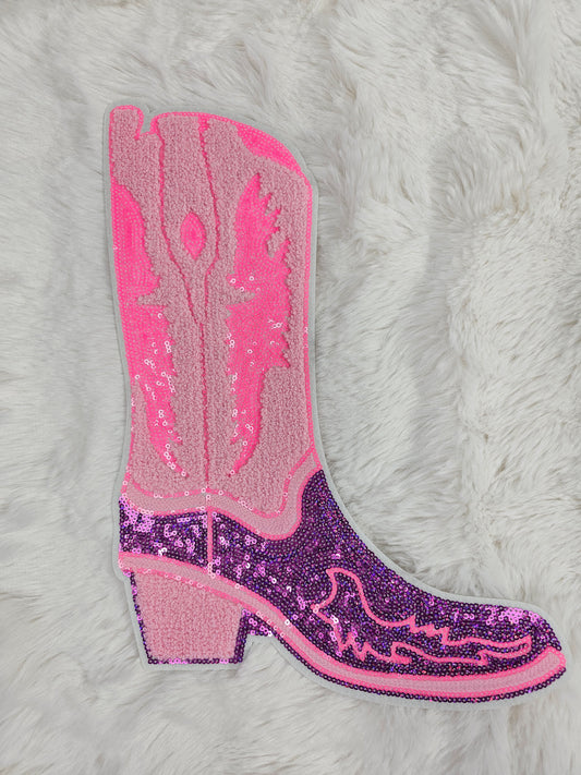 Cowgirl Boot Large Pink Chenille Purple & Hot Pink Sequin Iron-on Patch