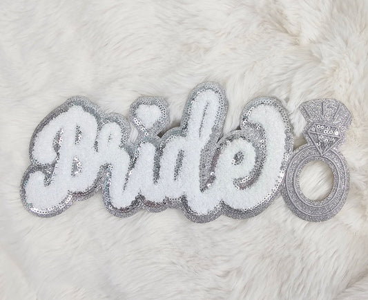 Large Bride with Ring Silver Glitter Chenille Iron-on Patch