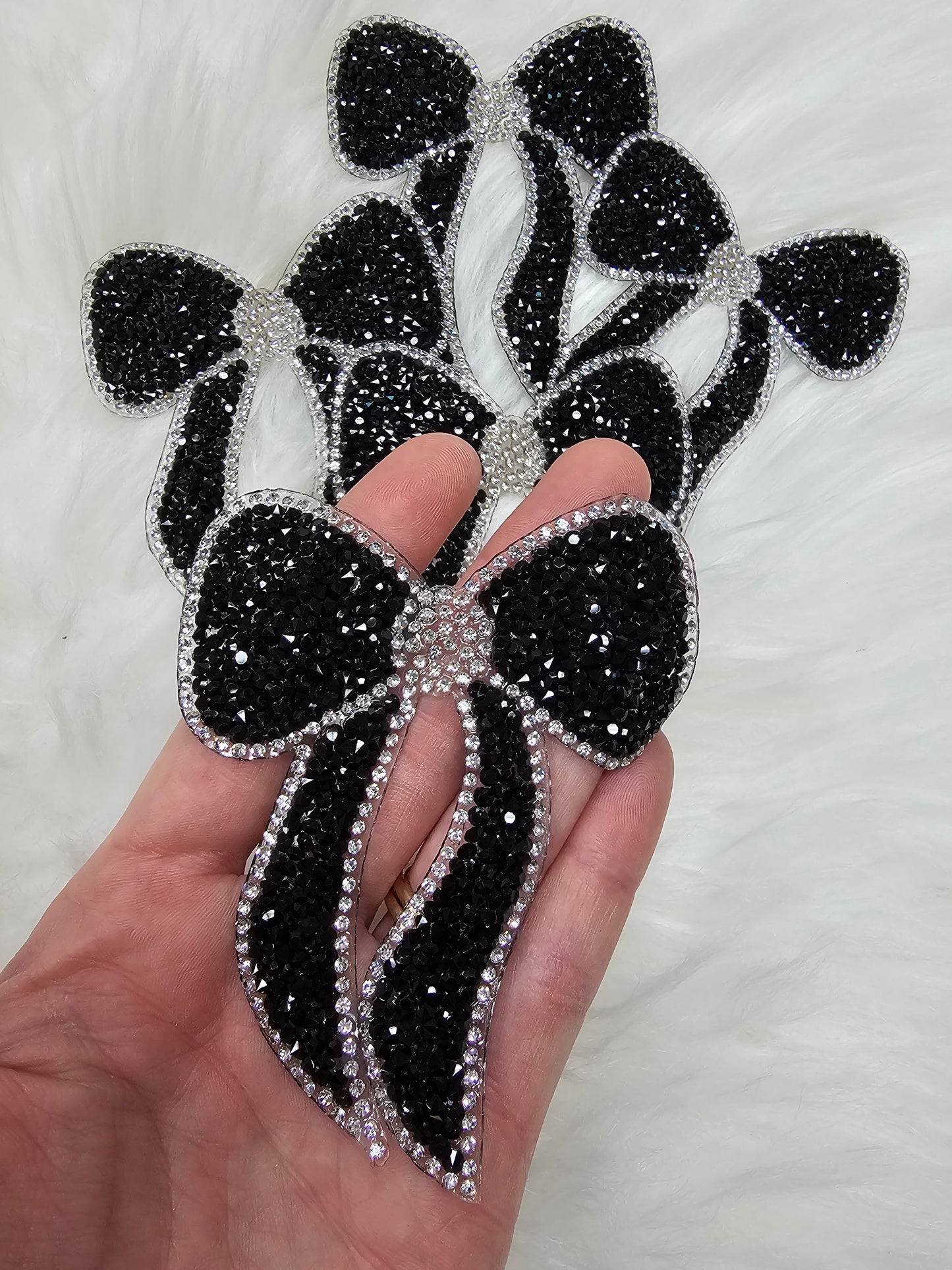 Rhinestone Bow with Silver Outline and Black Iron-on Patch