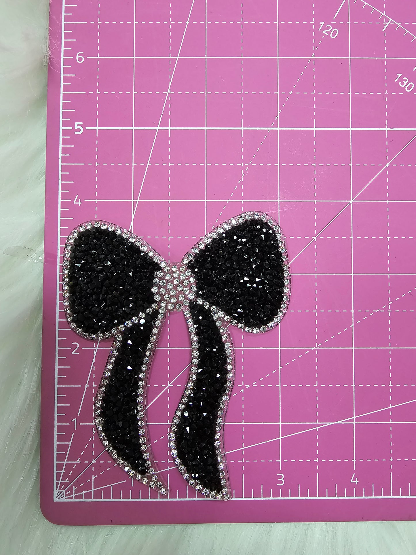 Rhinestone Bow with Silver Outline and Black Iron-on Patch