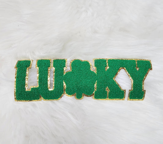 Large Green LUCKY with Shamrock Chenille Iron-on Patch