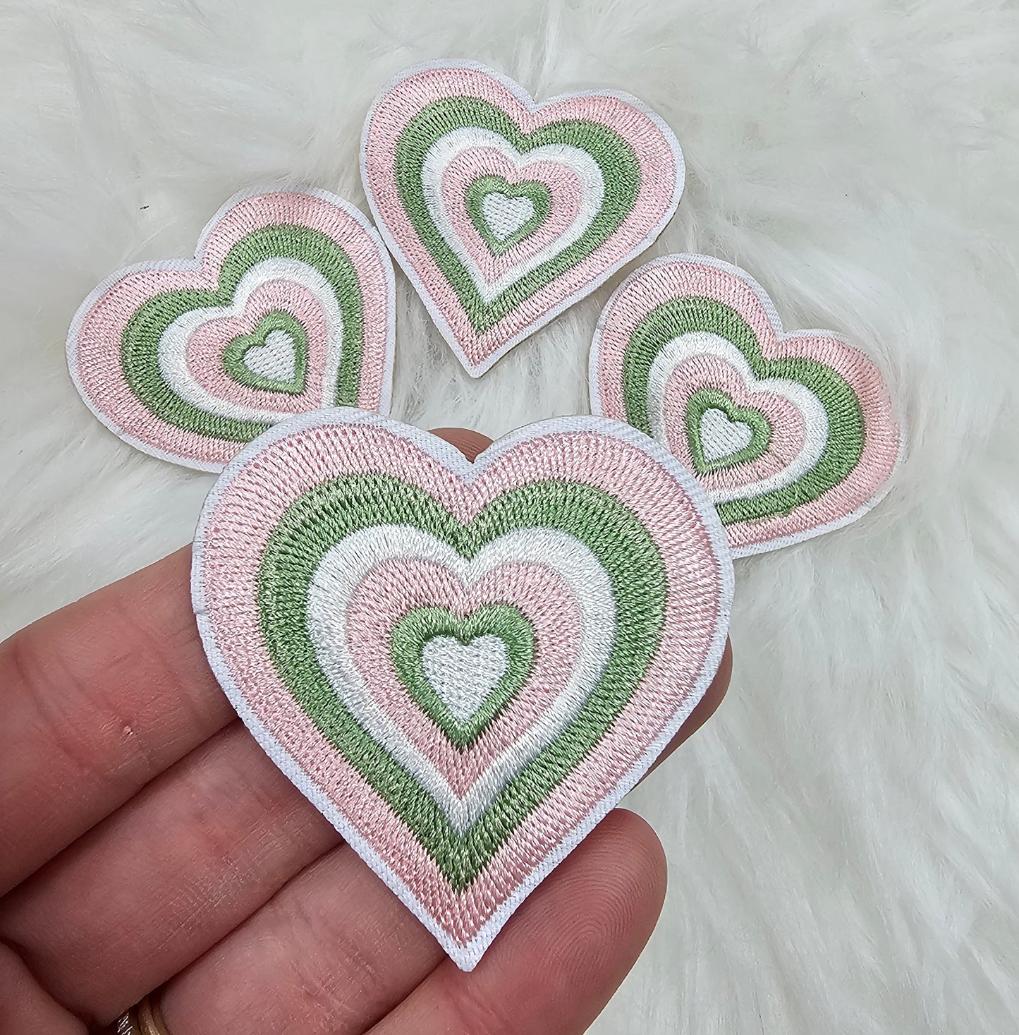 Pastel Green Pink and White Heart Embroidery Iron On Patches