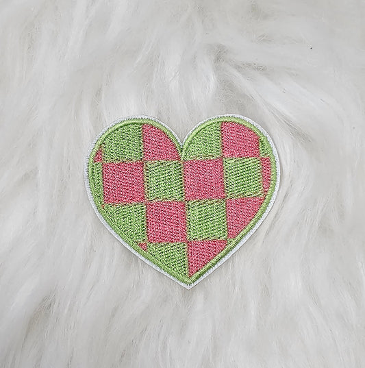 Checkered Green and Pink Heart Embroidery Iron On Patch