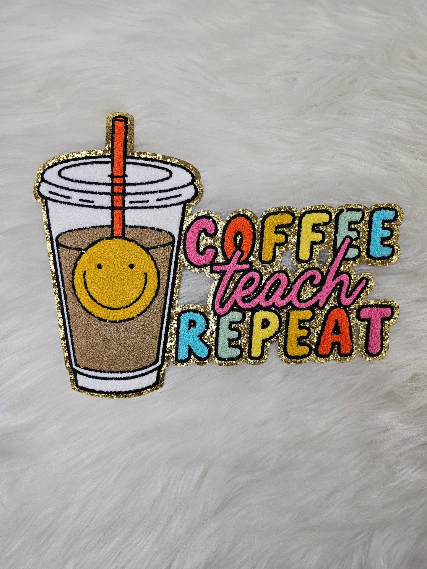 Large Coffee Teach Repeat Chenille Iron-on Patch