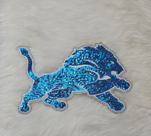 Large Blue Lion Detroit Mascot Sequin with Silver Glitter Iron On Patch