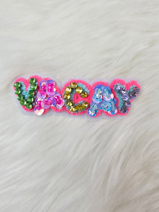 'VACAY' Rhinestone and Beaded Sequin Chenille Iron-on Patch