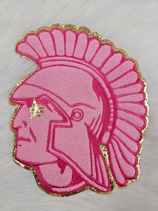 Hot Pink Trojan Spartan Mascot Left facing with Star Eye Large Chenille Iron-on Patch