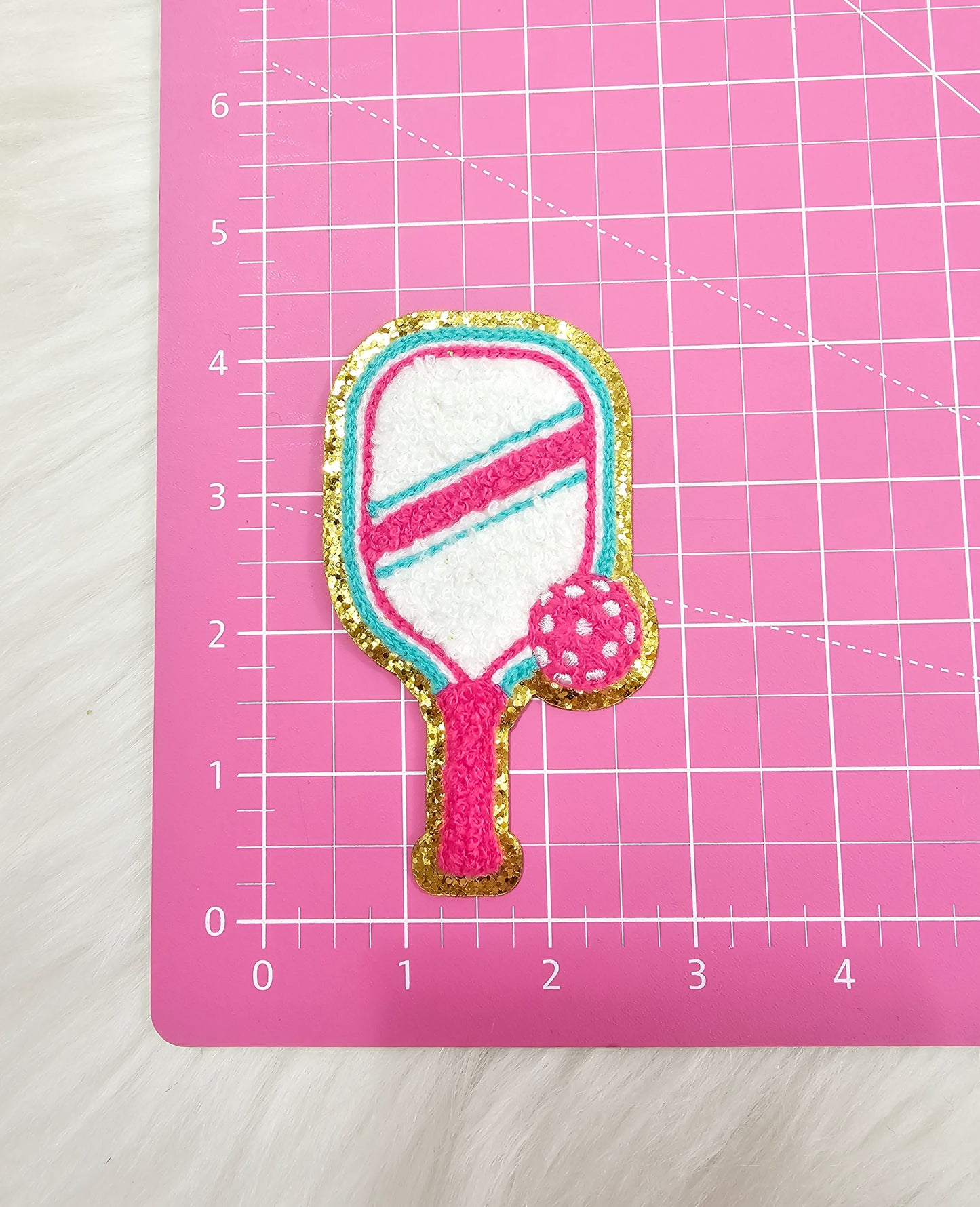 Pink and Teal Pickleball Racket with Ball Glitter Iron On Patch