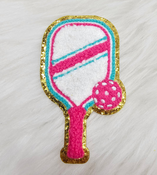 Pink and Teal Pickleball Racket with Ball Glitter Iron On Patch