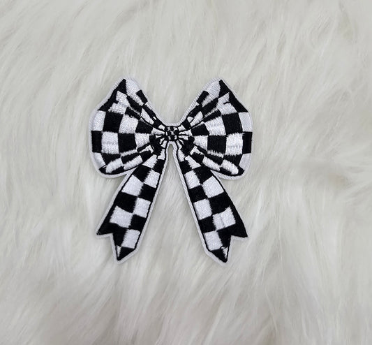 Racing Checkered Plaid Bow Embroidery Iron On Patch