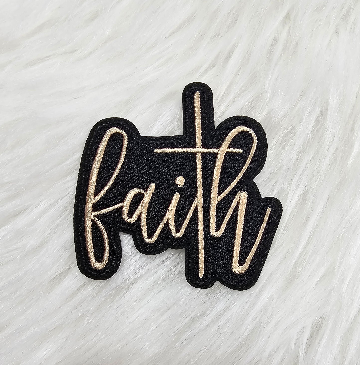 'Faith' with God Cross in Black and Tan Woven Embroidery Iron On Patch