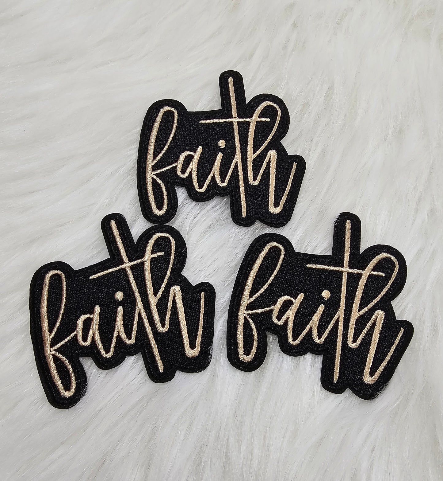 'Faith' with God Cross in Black and Tan Woven Embroidery Iron On Patch