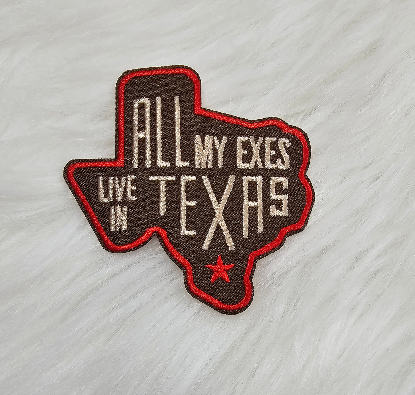 'All My Exes Live In Texas' Brown and Red Texas State Woven Embroidery Iron On Patch