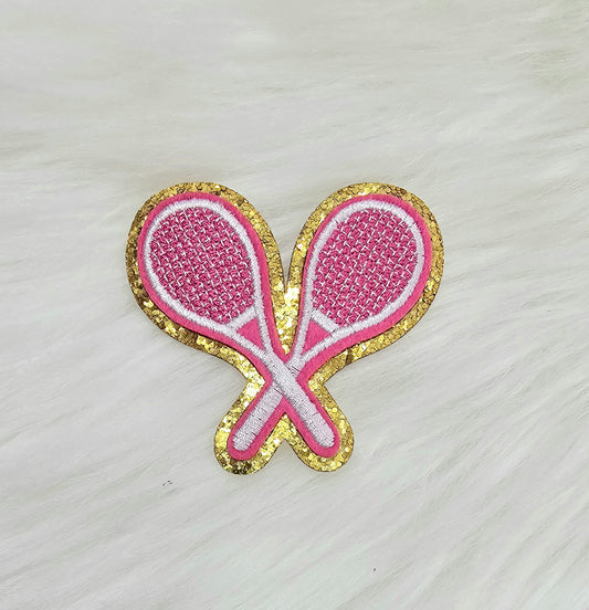 Pink Tennis Rackets with Gold Glitter Iron On Patch