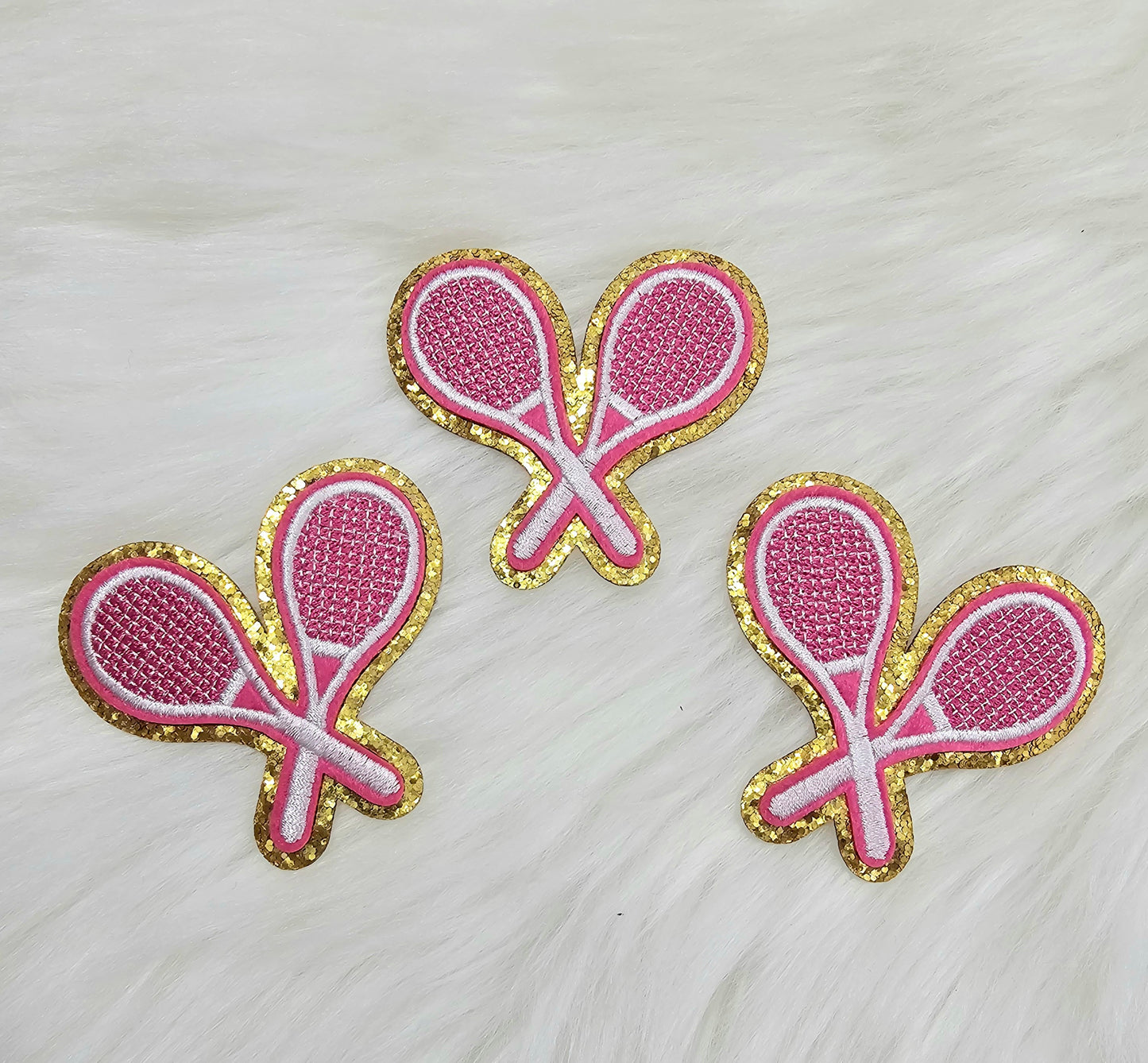 Pink Tennis Rackets with Gold Glitter Iron On Patch