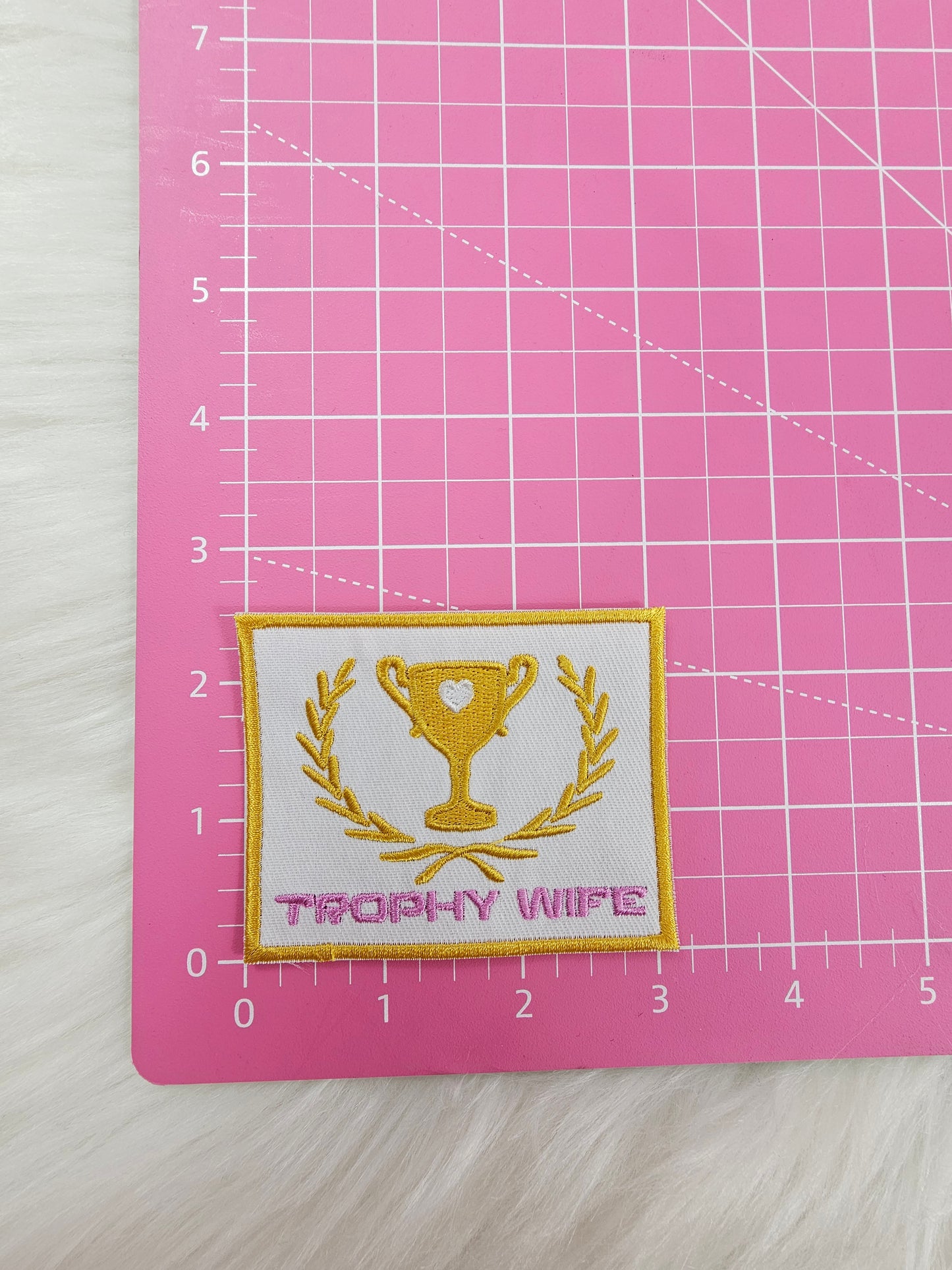 'Trophy Wife' Pink and Gold Embroidery Iron On Patch