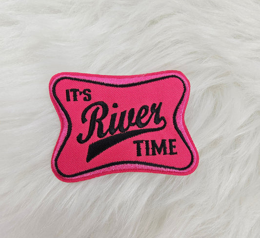 'Its River Time' Pink Woven Embroidery Iron On Patch