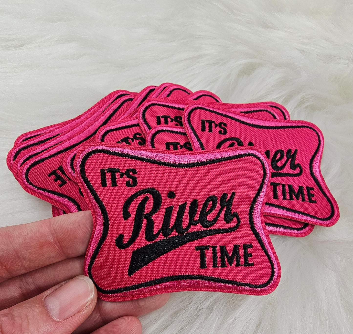 'Its River Time' Pink Woven Embroidery Iron On Patch