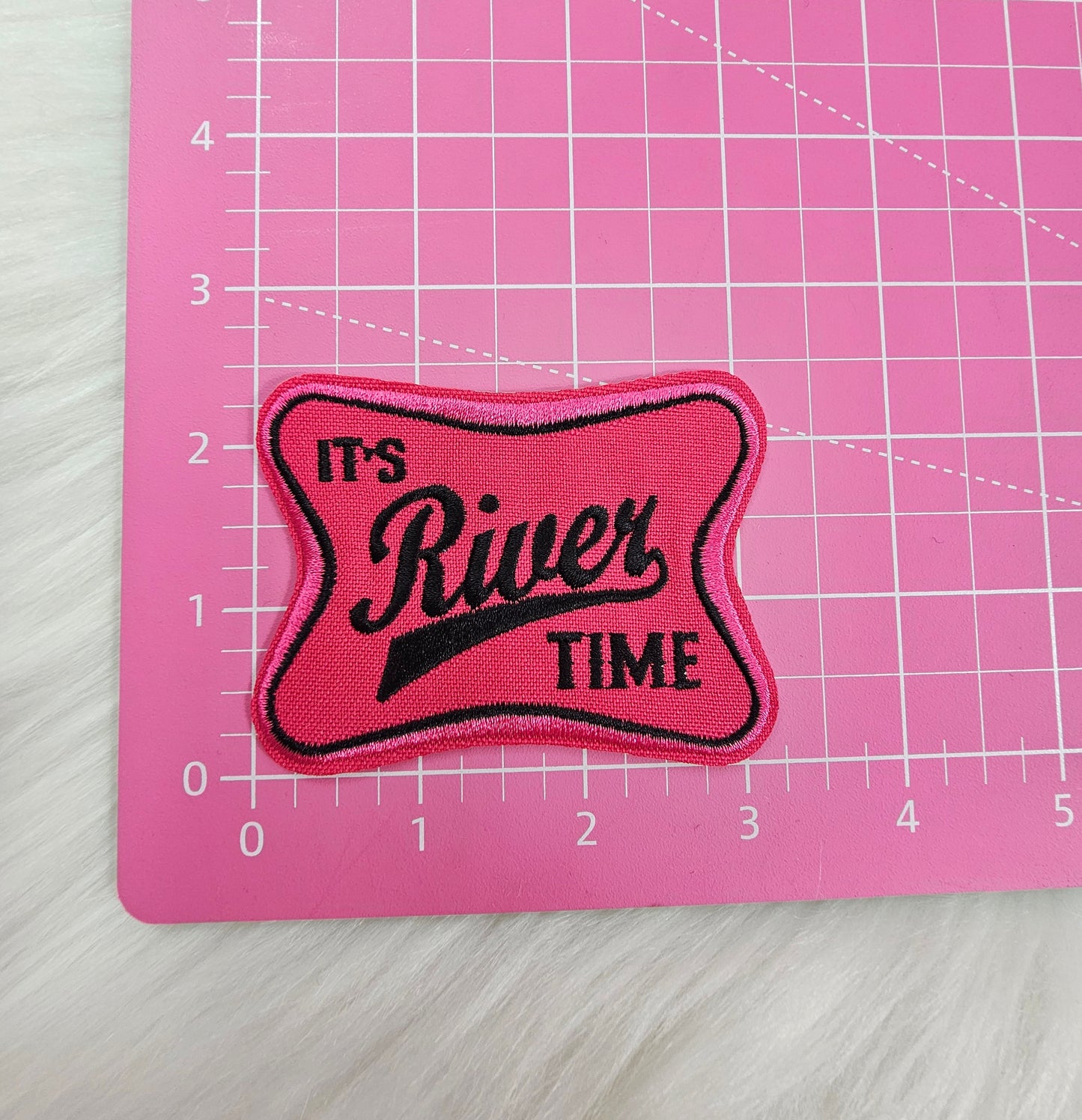 'Its River Time' Pink Woven Embroidery Iron On Patch