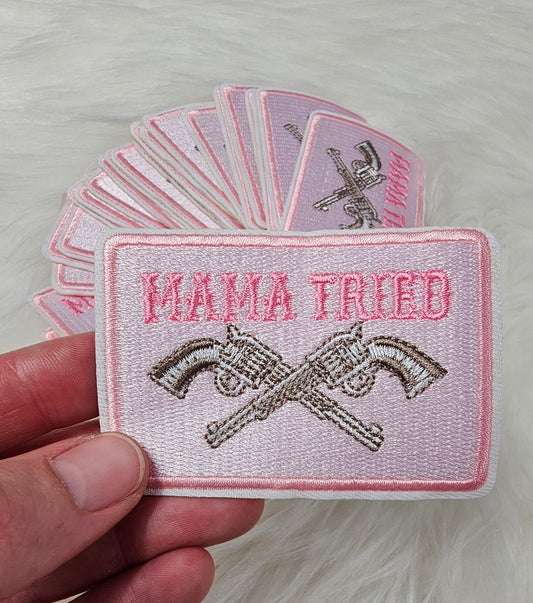 Pink Mama Tried Gun Embroidery Iron On Patch