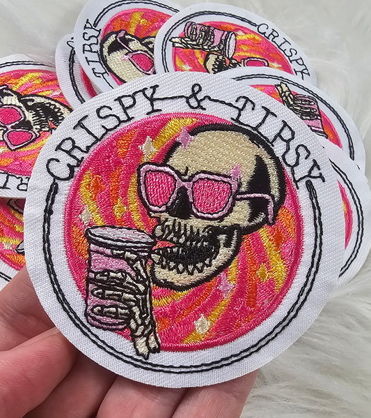 'Crispy & Tipsy' Drinking Skeleton Embroidery Iron On Patch