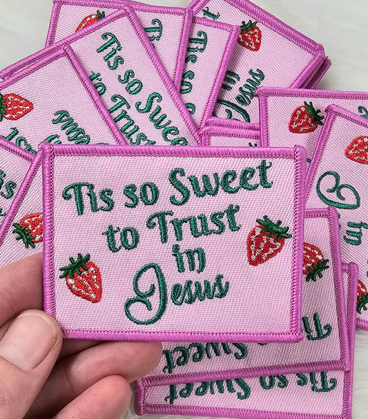 'Tis So Sweet To Trust In Jesus' Strawberry Christian Woven Embroidery Iron On Patch