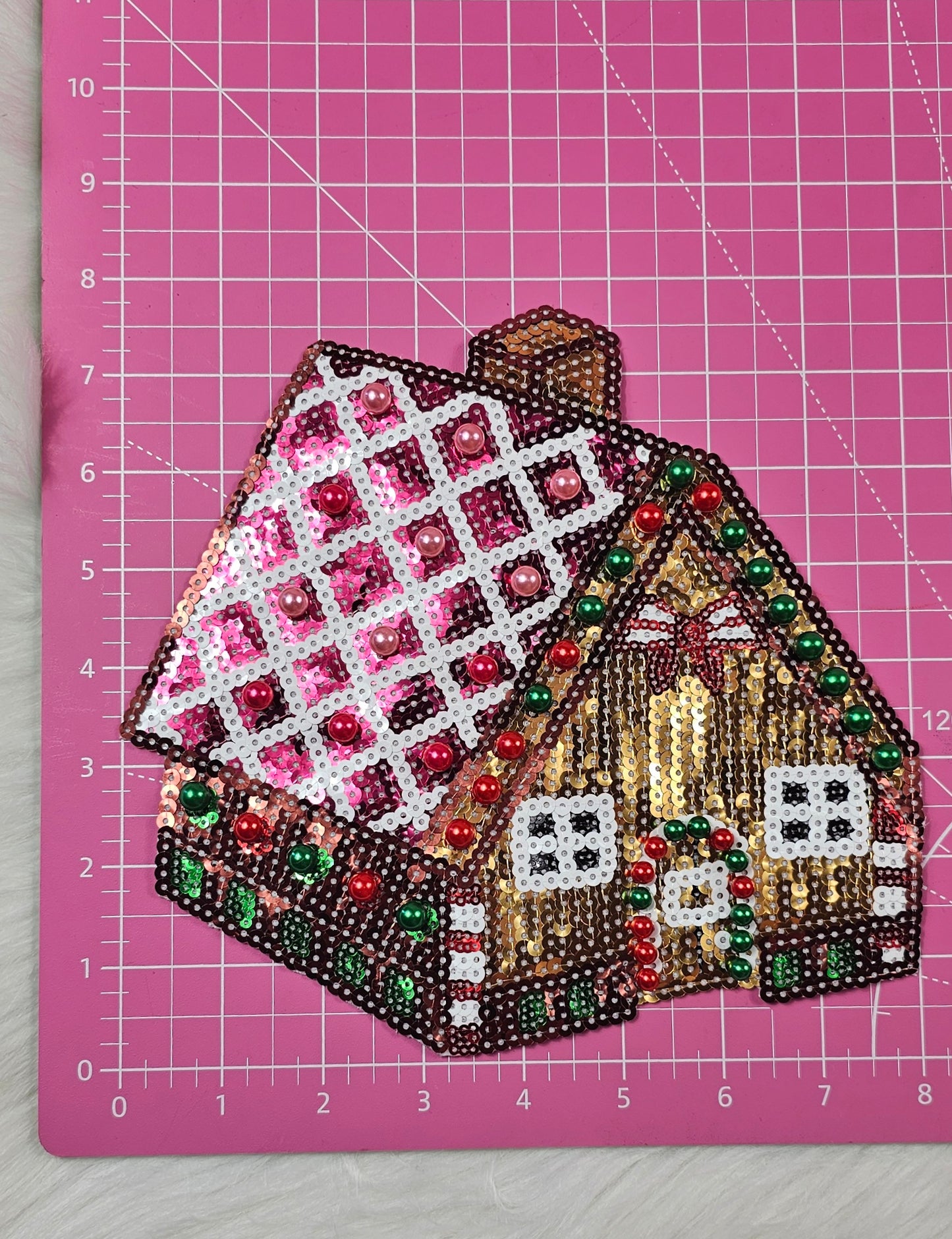 Sequin Gingerbread House With Pink Roof Sequin Iron On Patch