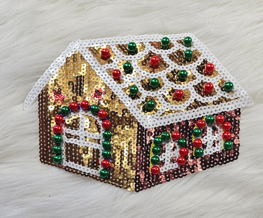 Sequin Gingerbread House With Gold Roof Sequin Iron On Patch