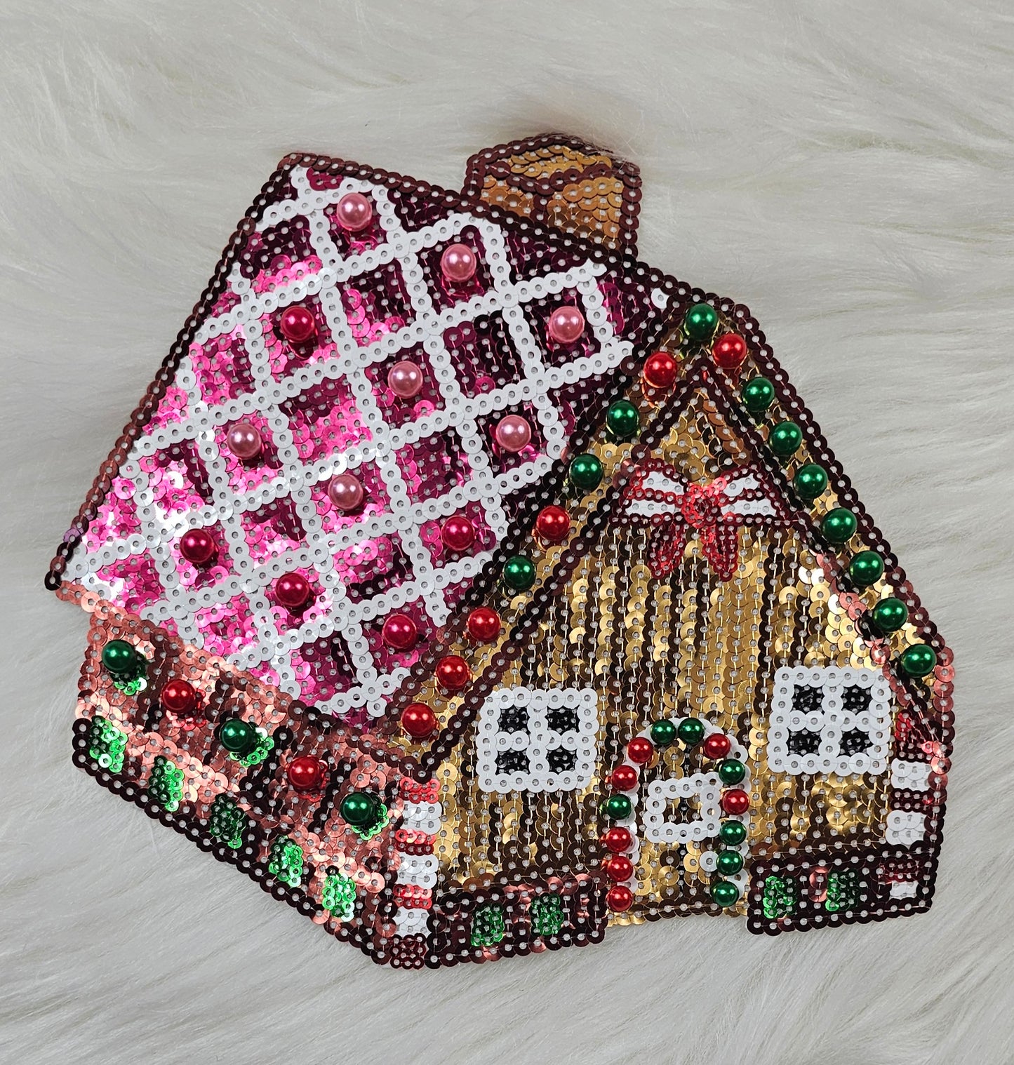 Sequin Gingerbread House With Pink Roof Sequin Iron On Patch