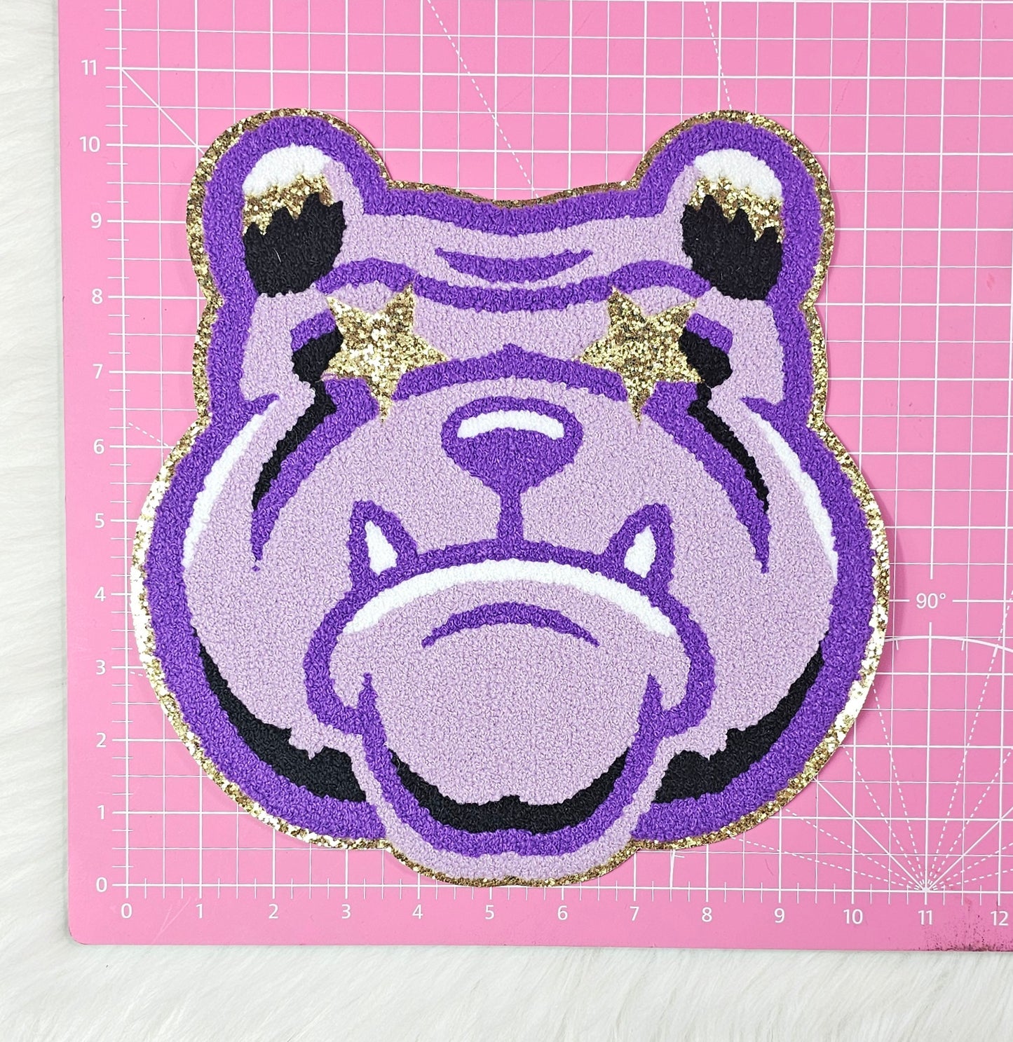 Purple Bulldog Mascot with Star Eyes Large Chenille Iron-on Patch