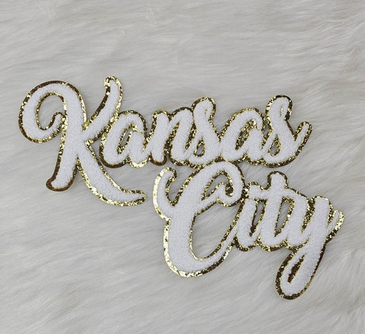 Large White Cursive Kansas City Chenille Iron-on Glitter Patch