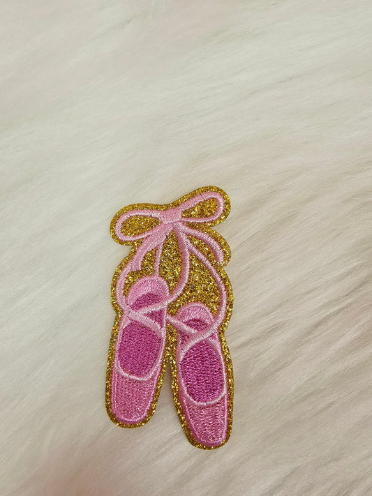 Ballerina Dance Pointe Shoes Pink Ribbon Gold Glitter Embroidery Iron On Patch