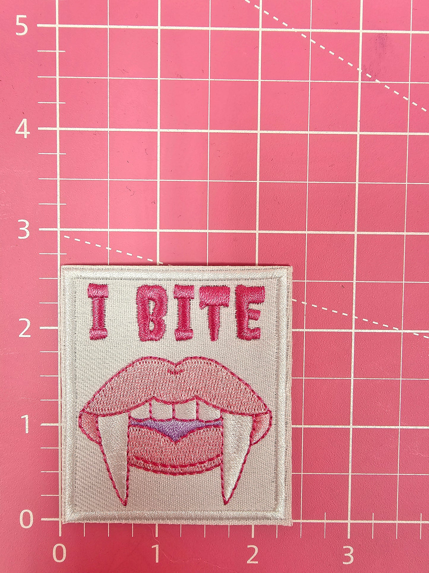 I BITE Pink Fang Vampire Lips Embroidery Iron On Patch