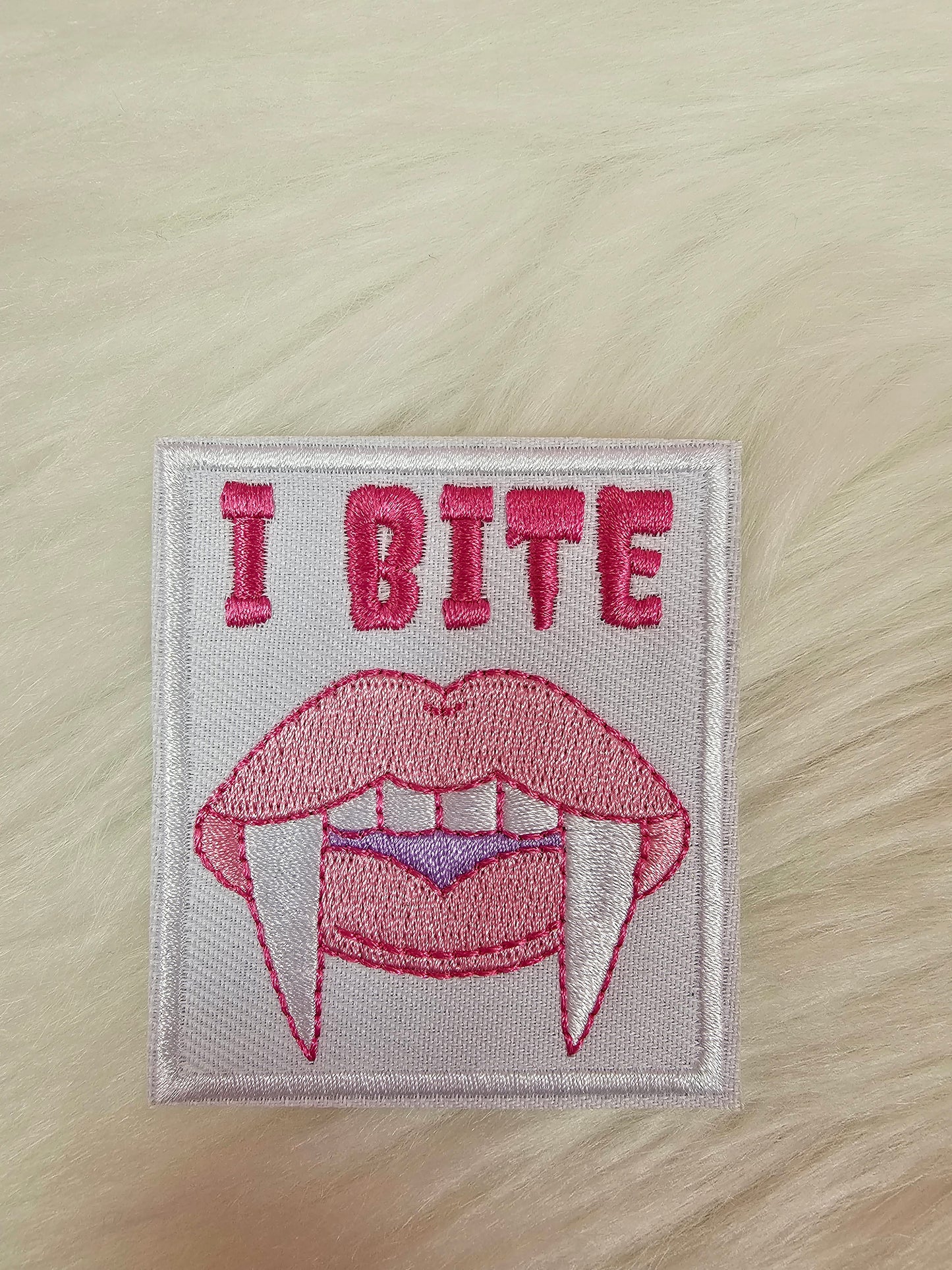 I BITE Pink Fang Vampire Lips Embroidery Iron On Patch