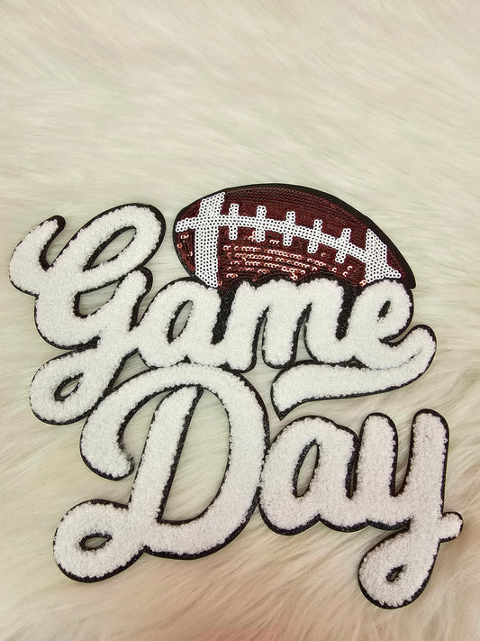 Large White Sequin Football Game Day Chenille Iron-on Black Glitter Patch