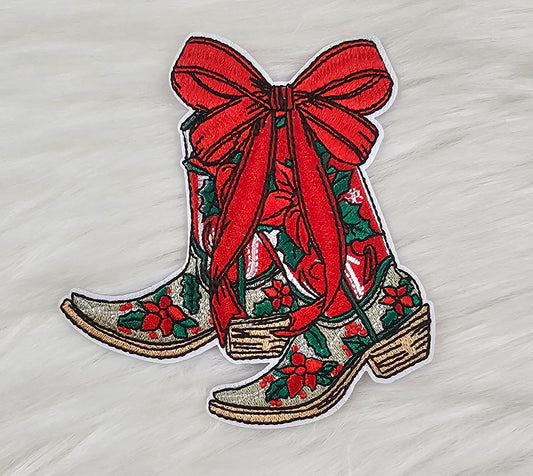 Christmas Bow Pointsetta Western Cowgirl Boot Embroidery Iron On Patch