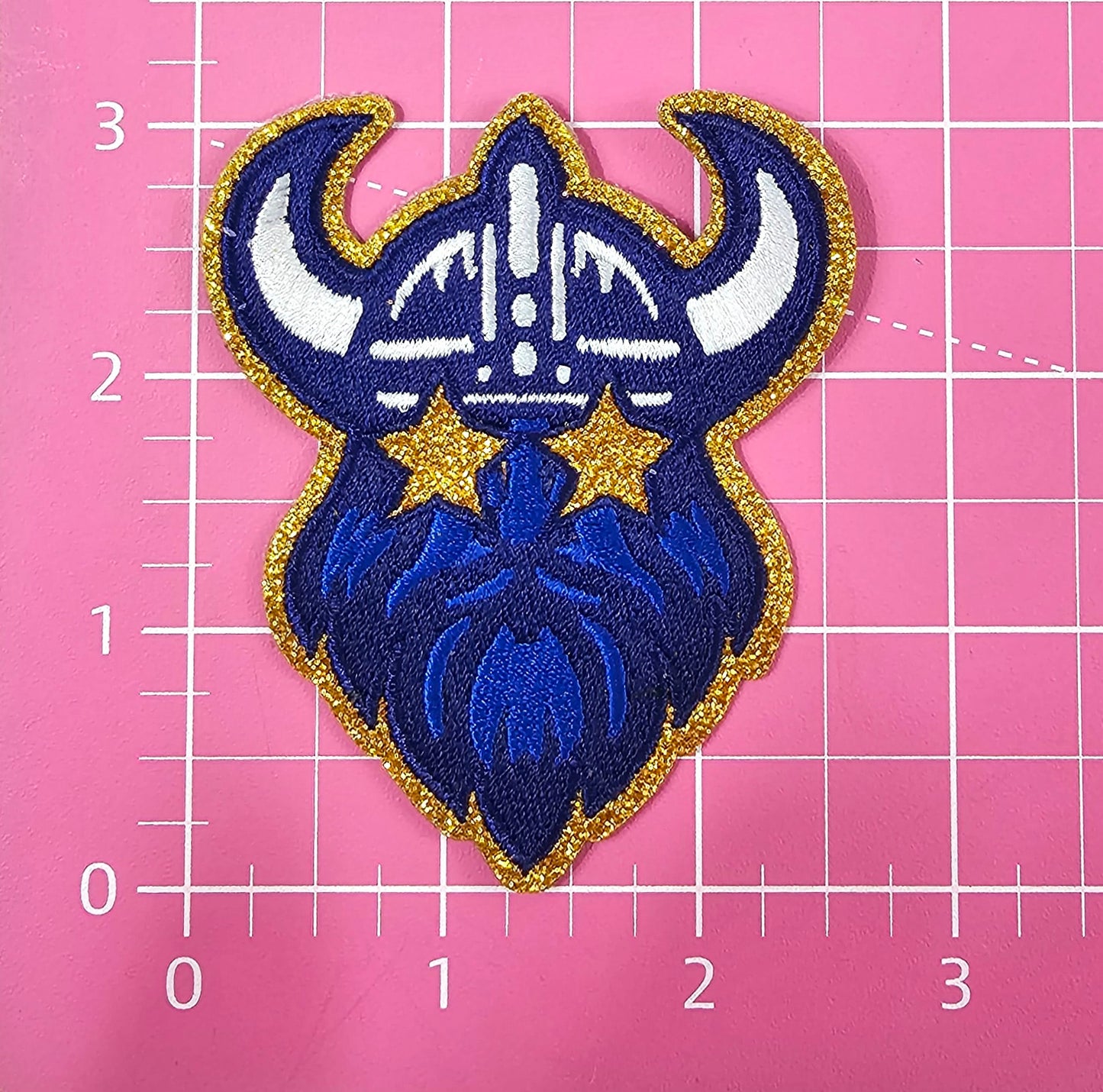 Small Blue Viking Gold Glitter Mascot with Star Eyes Embroidery Iron On Patch