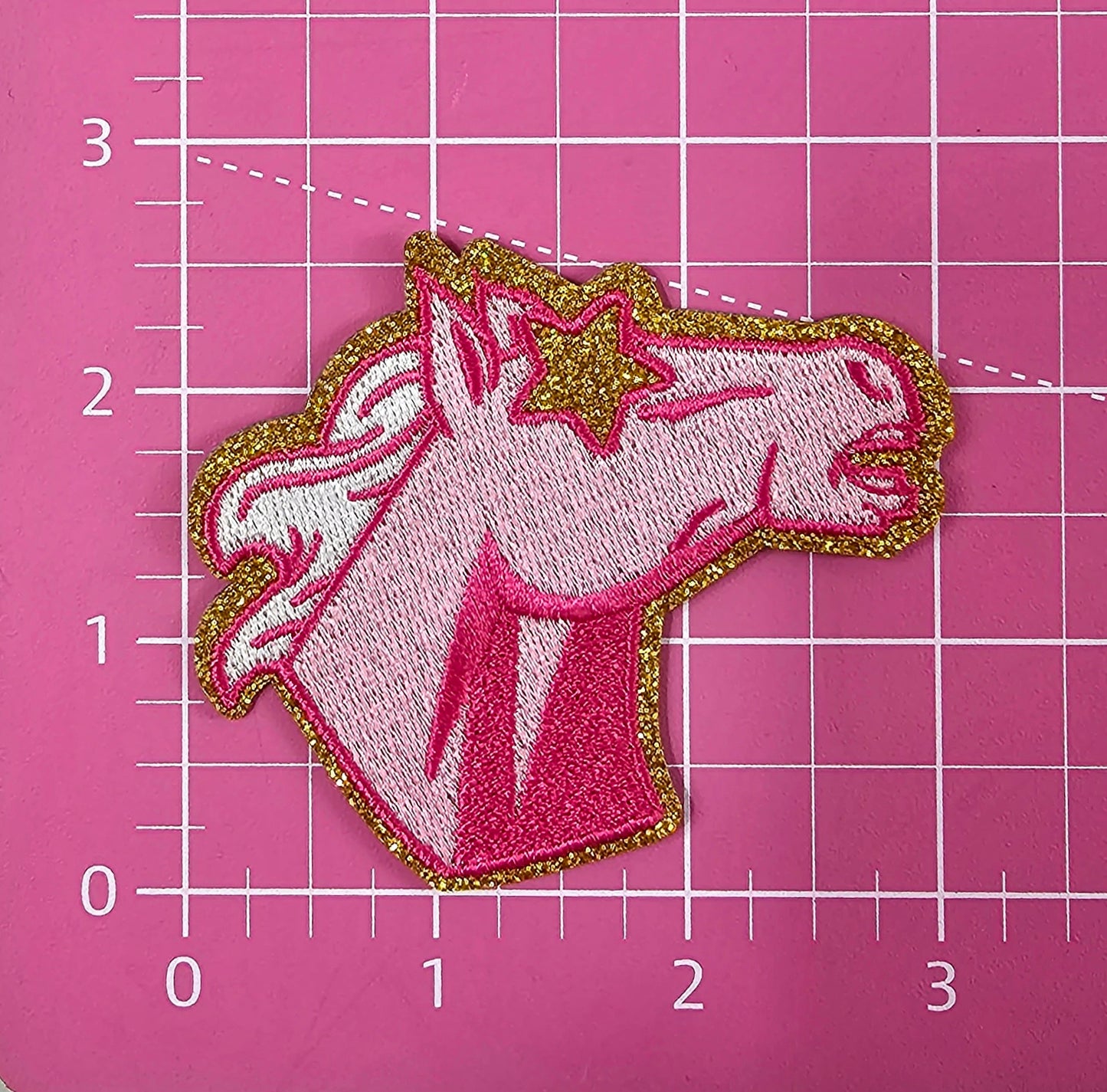 Small Hot Pink Mustang Horse Bronc Mascot with Star Eyes Chenille Iron-on Patch